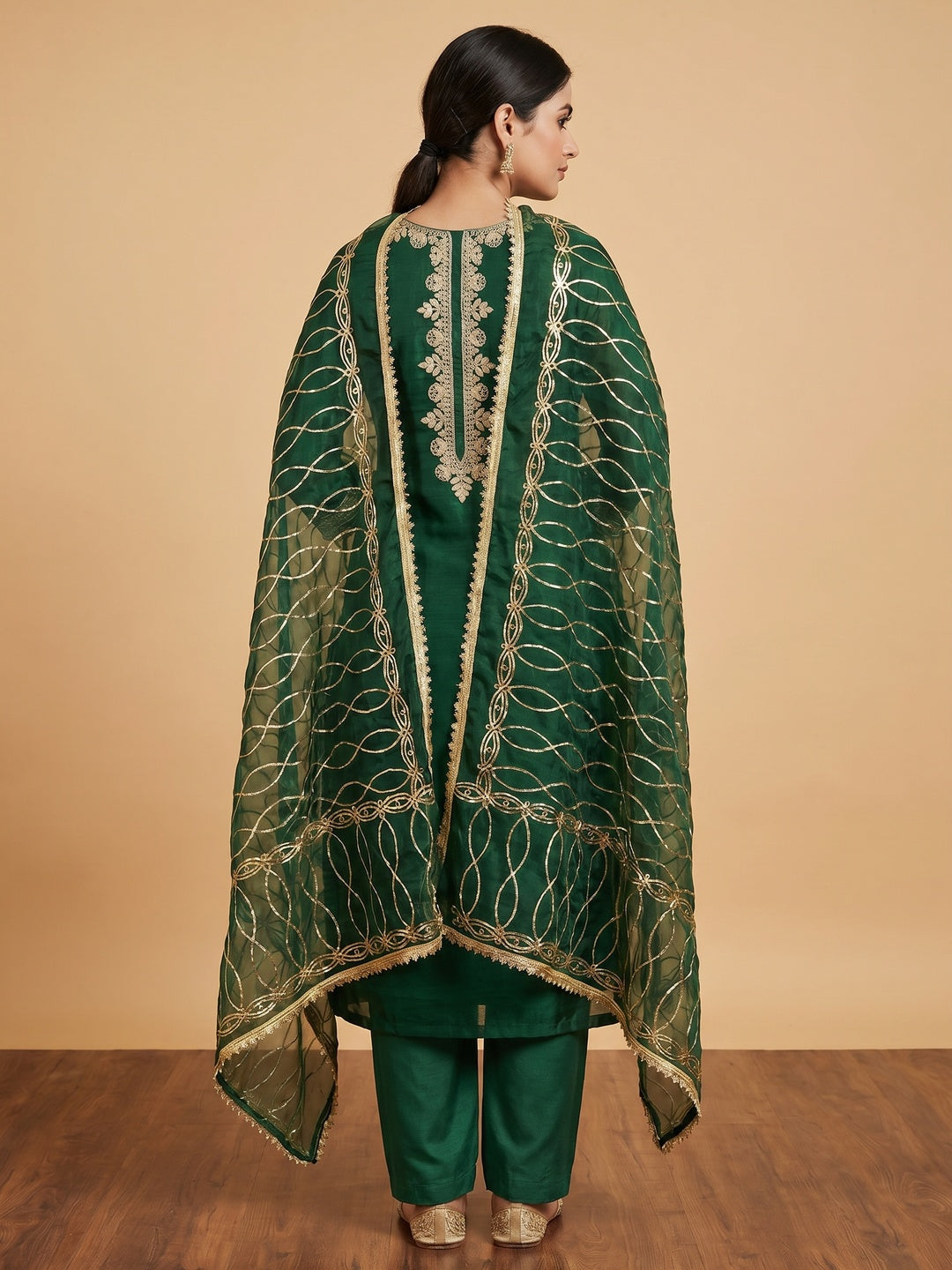 Green Floral Woven Organza Dress Material - Image 1