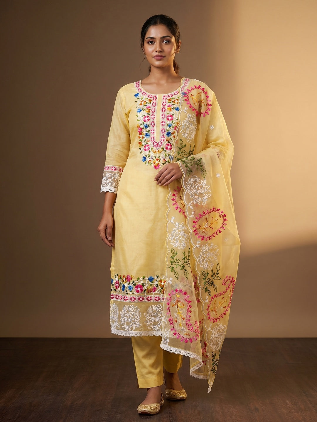 Yellow Floral Embroidered Chanderi Dress Material - Image 1