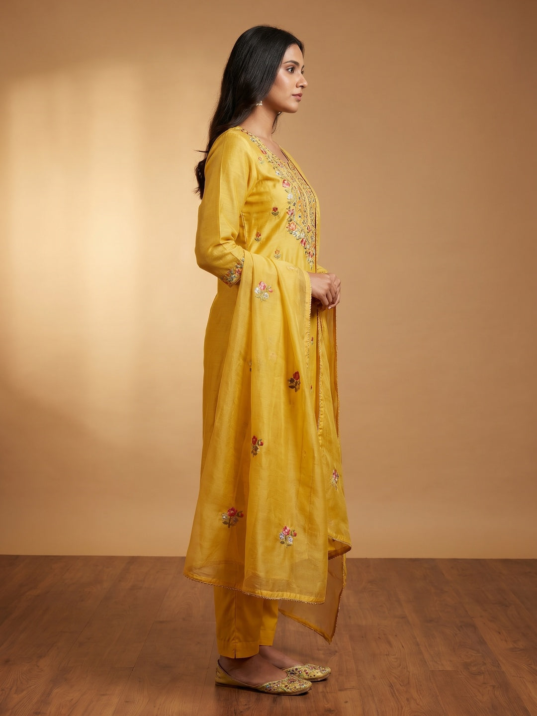 Yellow Floral Embroidered Chanderi Dress Material - Image 3
