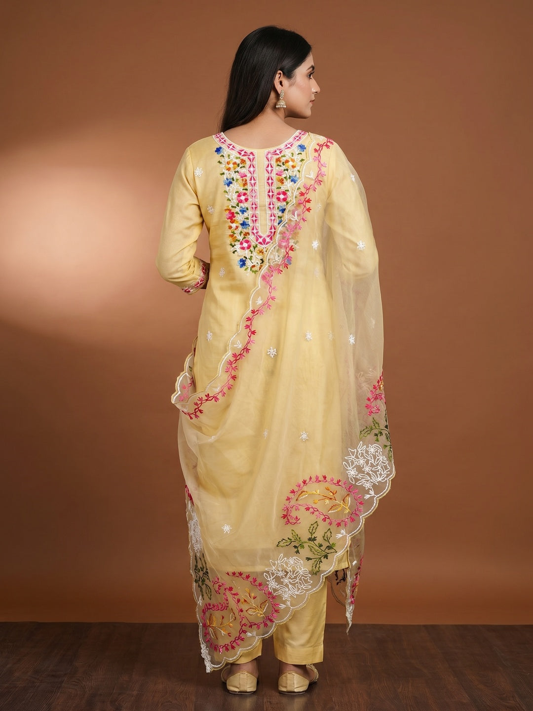 Yellow Floral Embroidered Chanderi Dress Material - Image 2