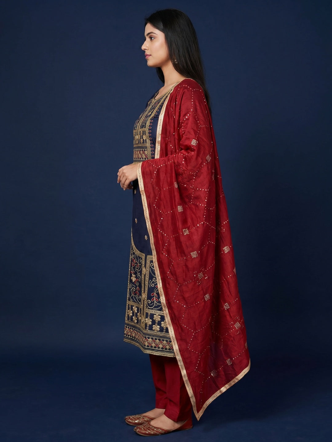Blue Floral Embroidered Cotton Silk Dress Material - Image 2