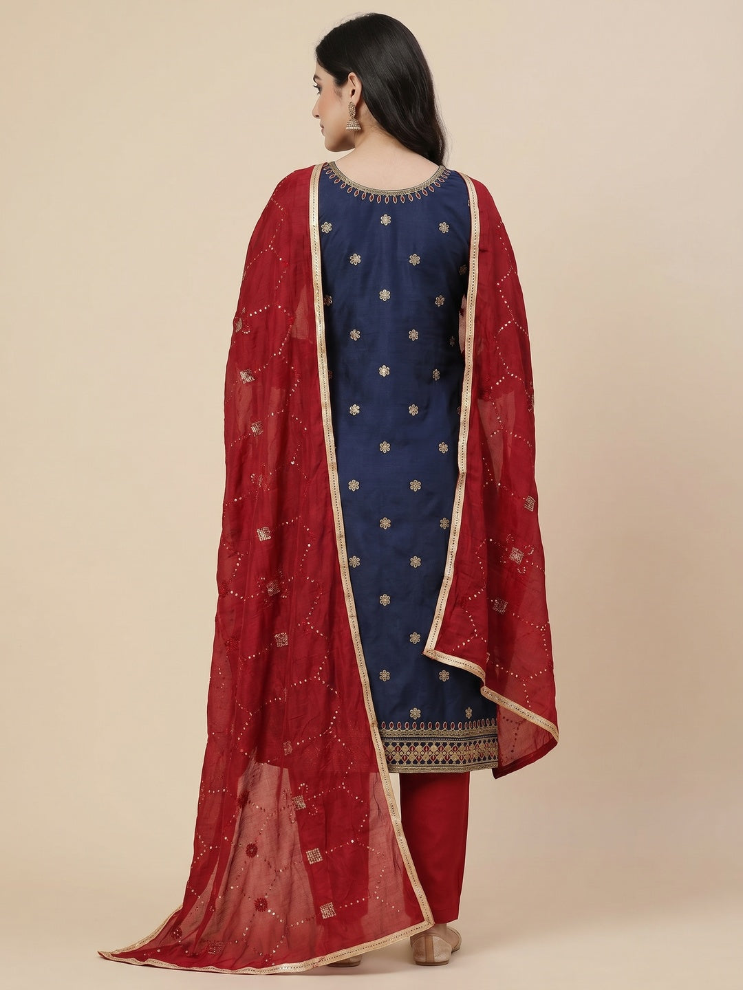 Blue Floral Embroidered Cotton Silk Dress Material - Image 3