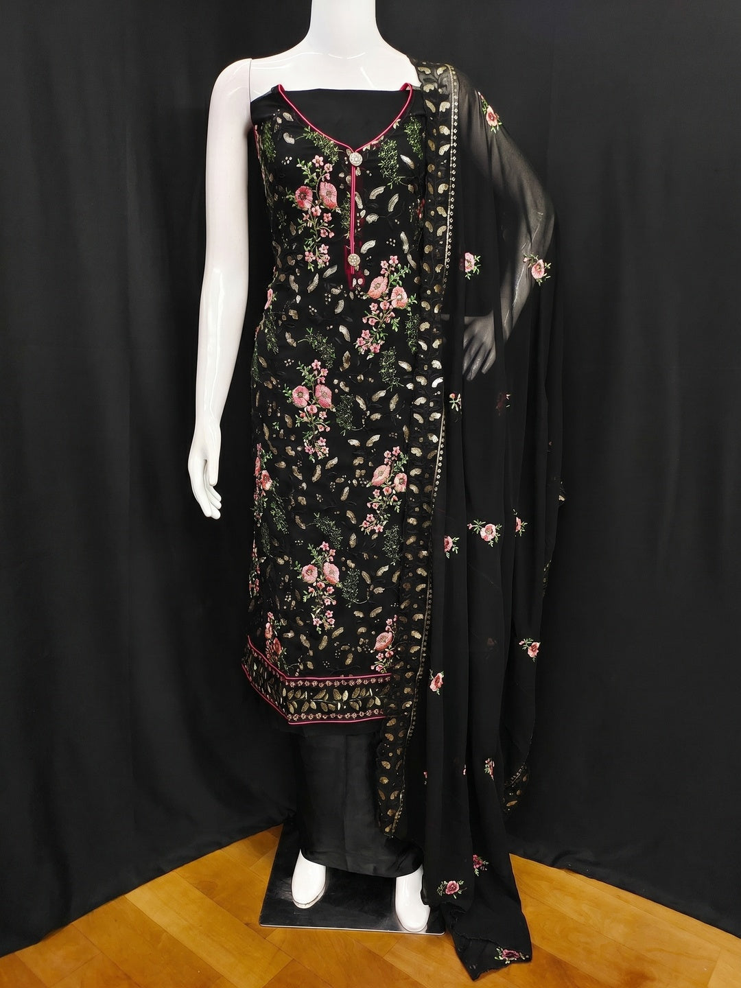 Black Sequins Embroidered Georgette Dress Material - Image 1