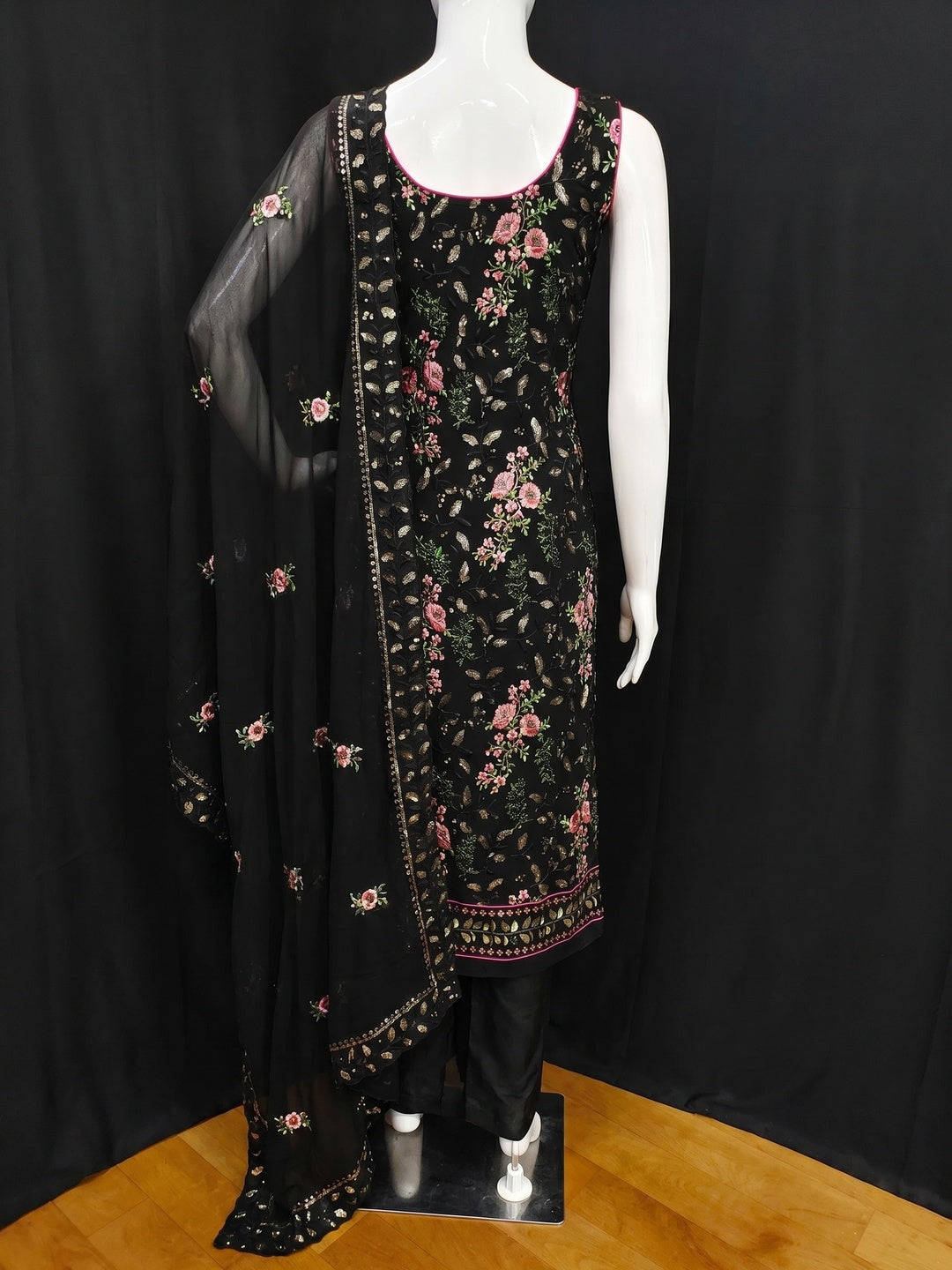 Black Sequins Embroidered Georgette Dress Material - Image 3