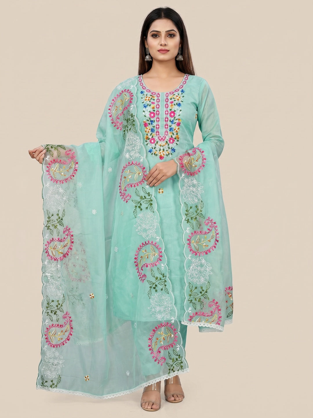 Blue Floral Embroidered Chanderi Dress Material - Image 1