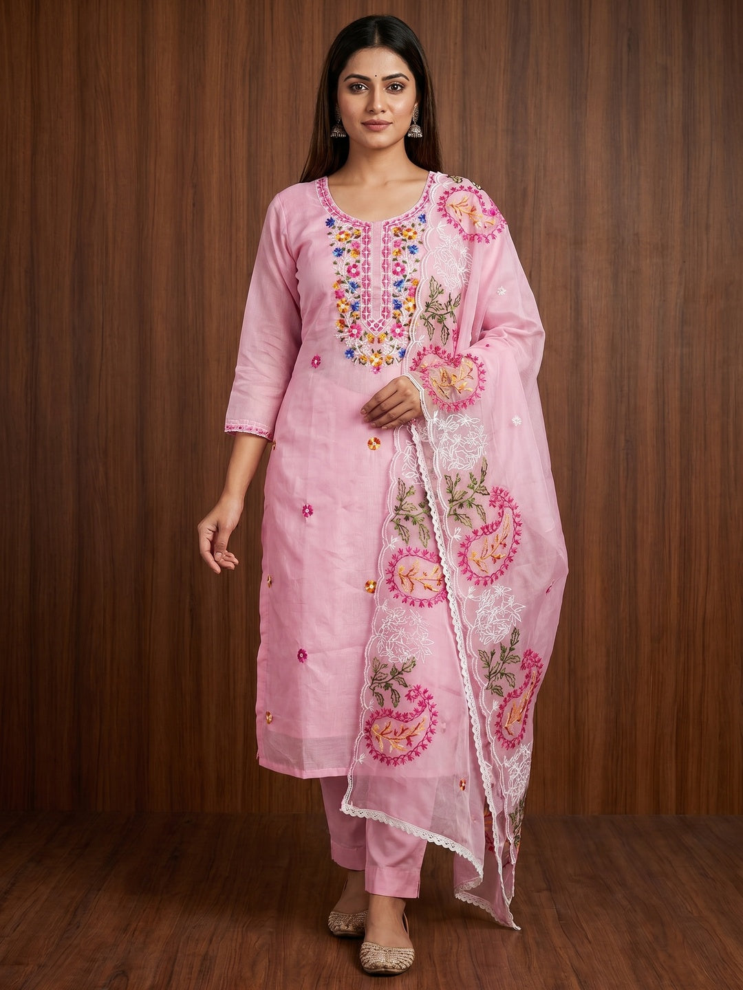 Pink Floral Embroidered Chanderi Dress Material - Image 1