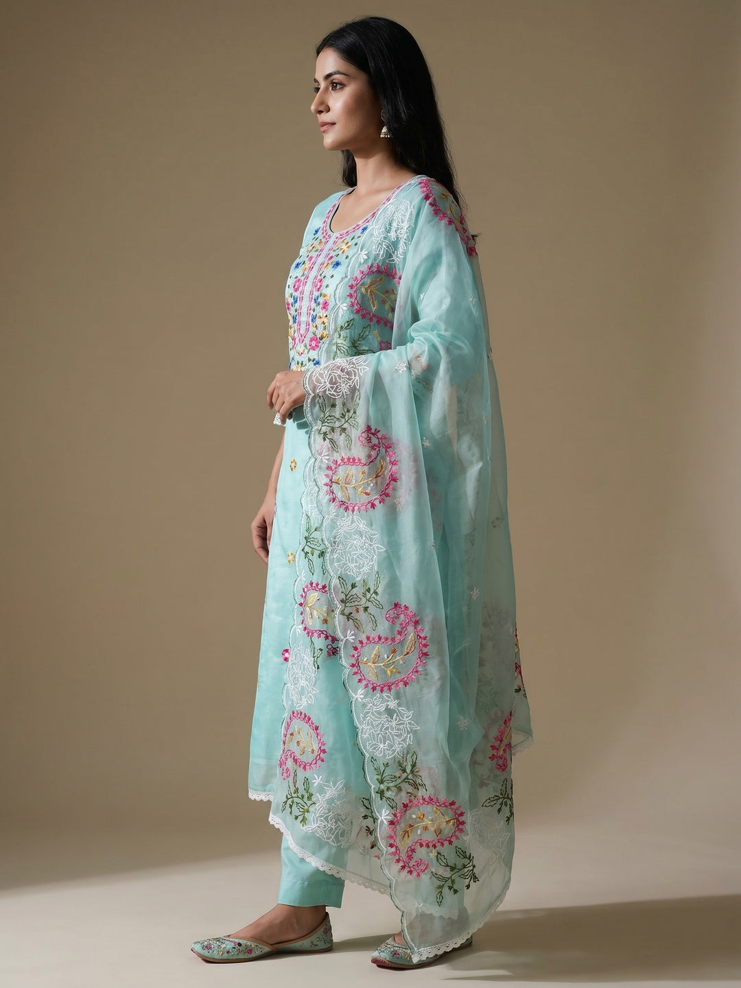 Blue Floral Embroidered Chanderi Dress Material - Image 3