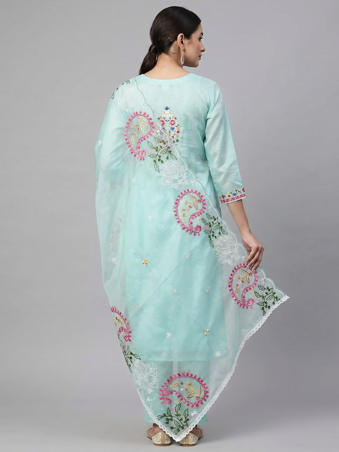 Blue Floral Embroidered Chanderi Dress Material - Image 2