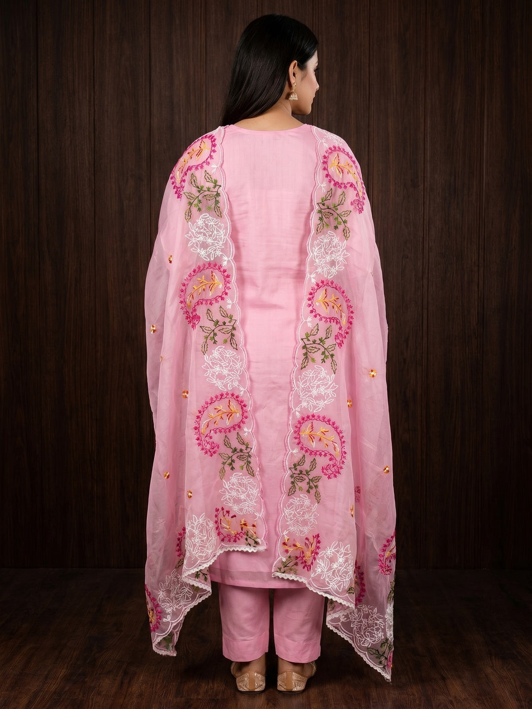 Pink Floral Embroidered Chanderi Dress Material - Image 3
