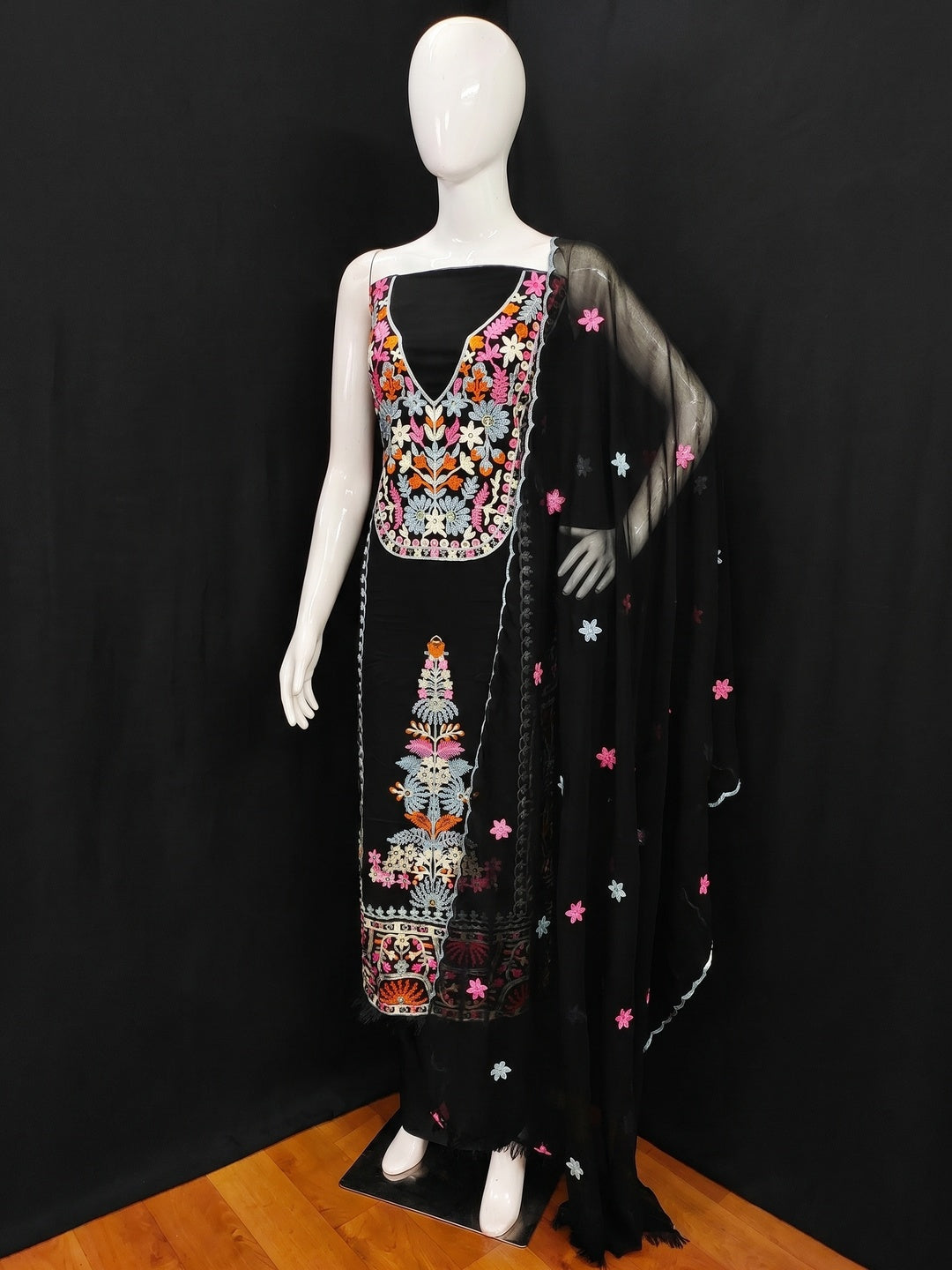 Black Floral Embroidered Georgette Dress Material - Image 1
