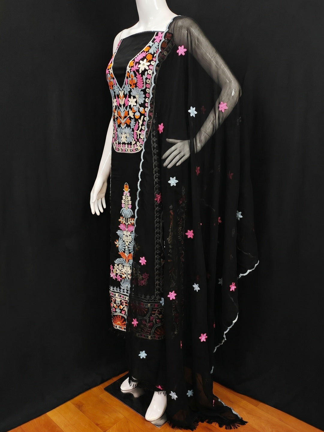 Black Floral Embroidered Georgette Dress Material - Image 2