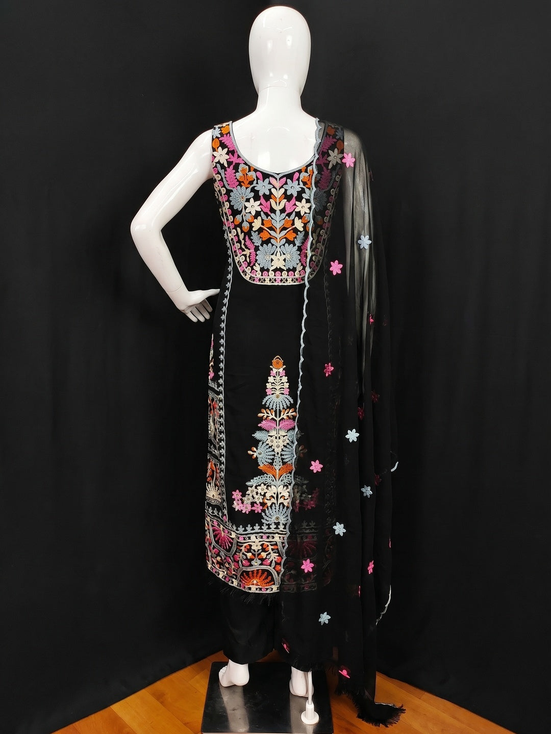 Black Floral Embroidered Georgette Dress Material - Image 3