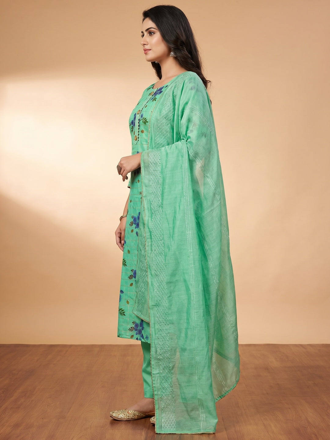 Green Floral Printed Chanderi Dress Material - Image 2