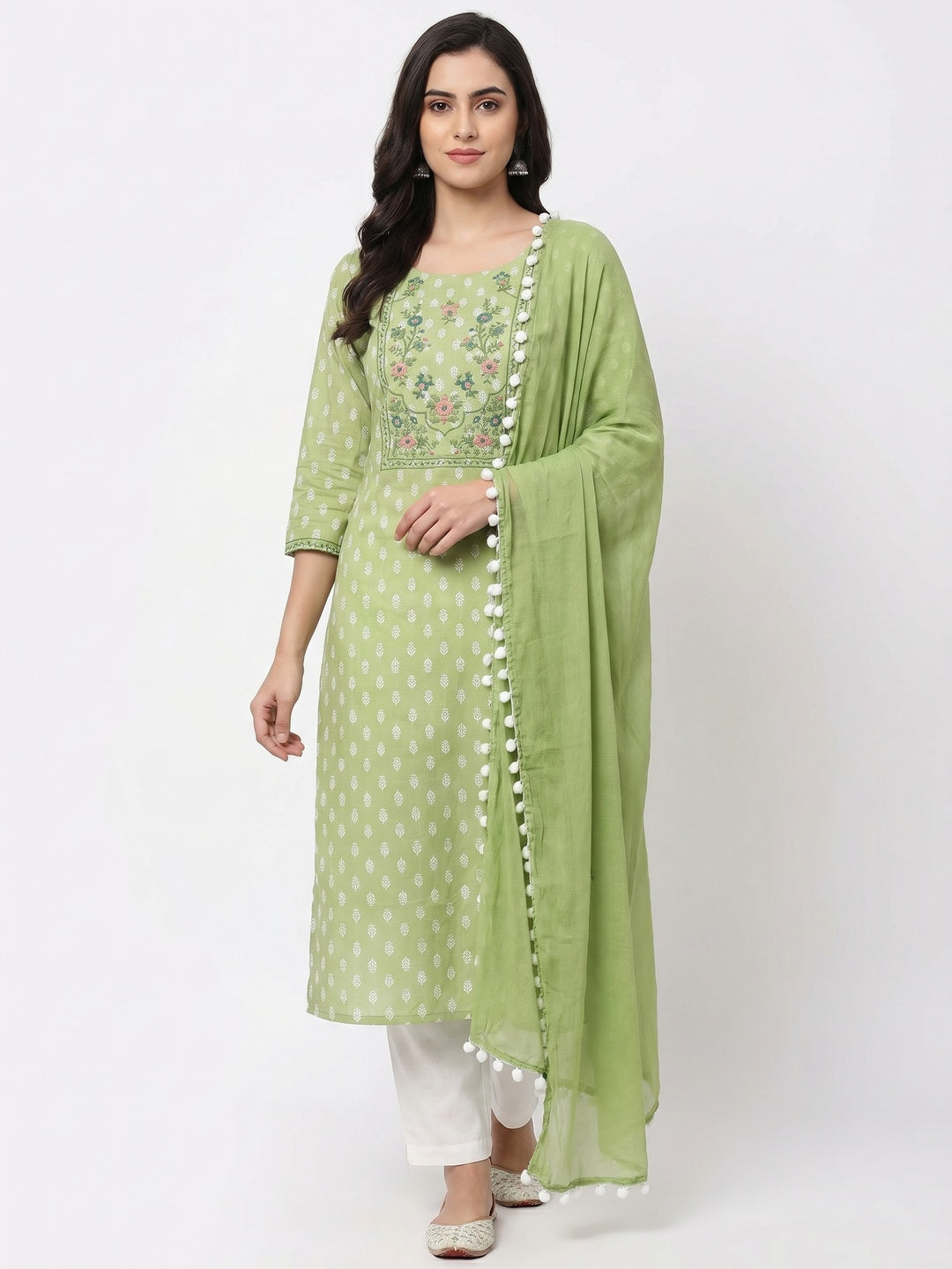 Green Floral Printed Pure Cotton Dress Material - Image 1