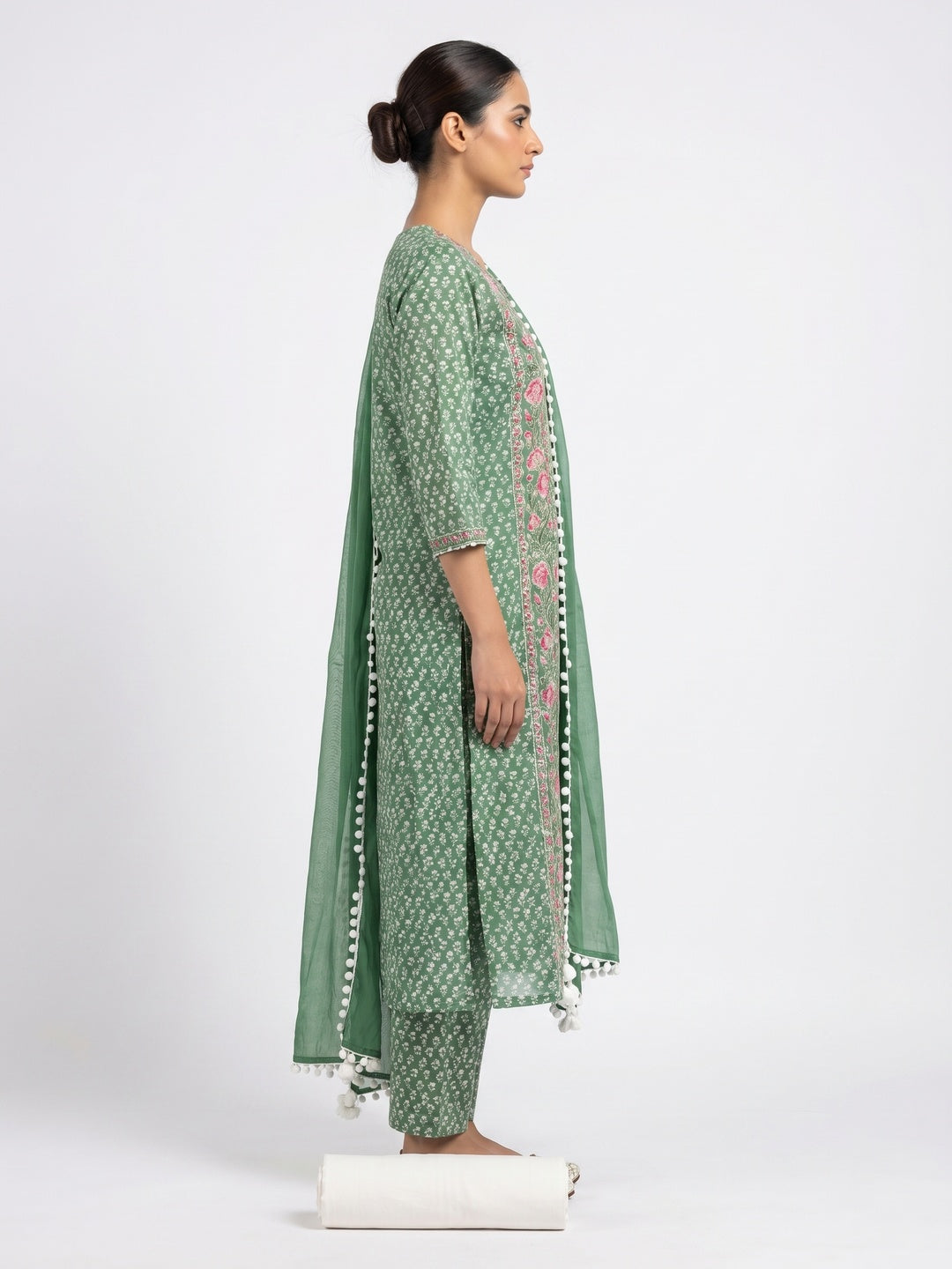 Green Floral Printed Pure Cotton Dress Material - Image 3