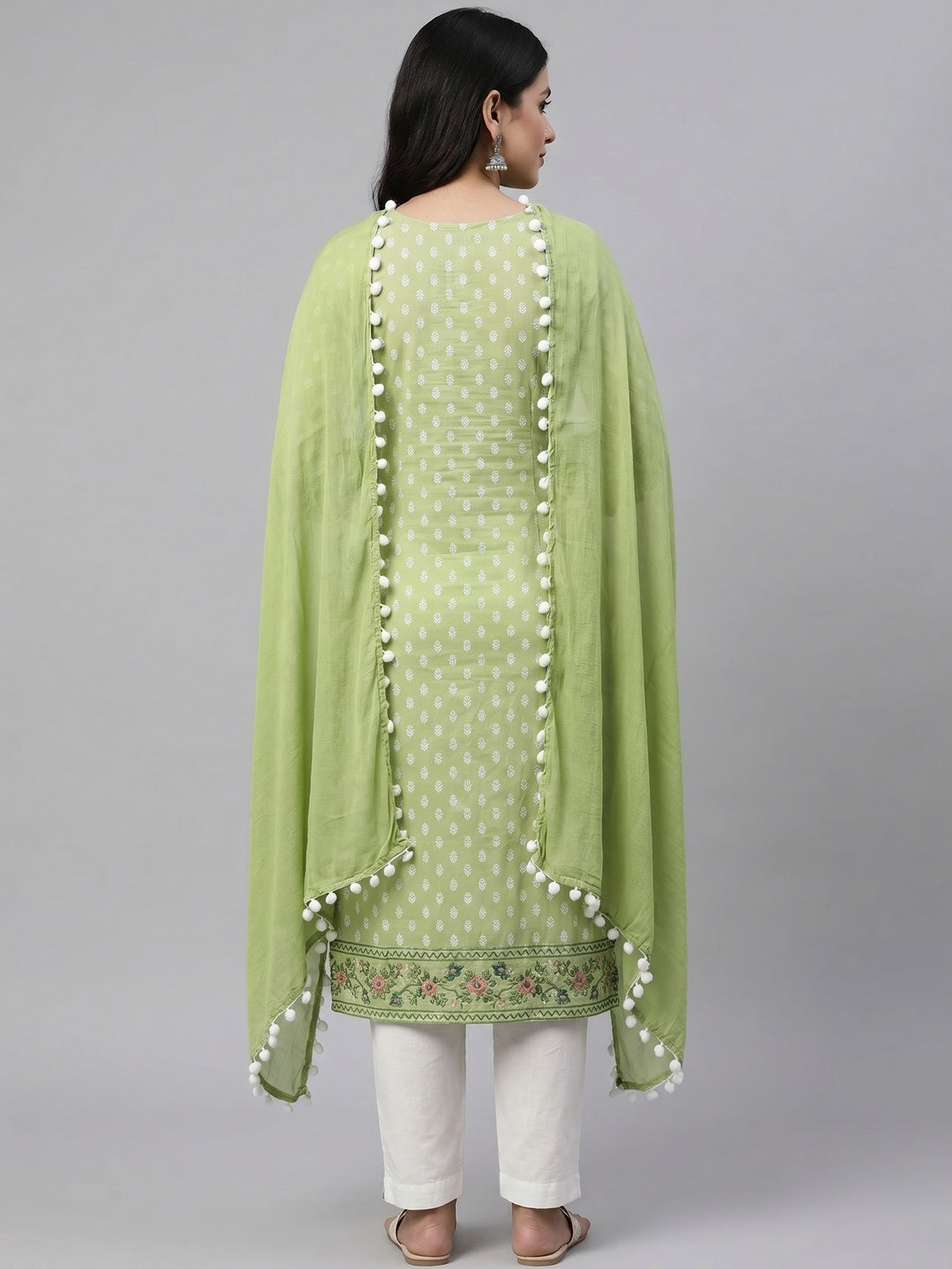 Green Floral Printed Pure Cotton Dress Material - Image 2
