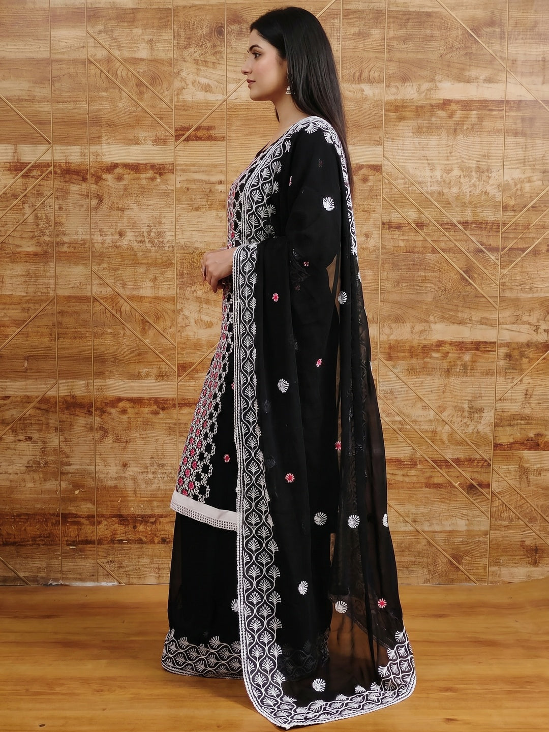 Black Embroidered Georgette Dress Material - Image 3