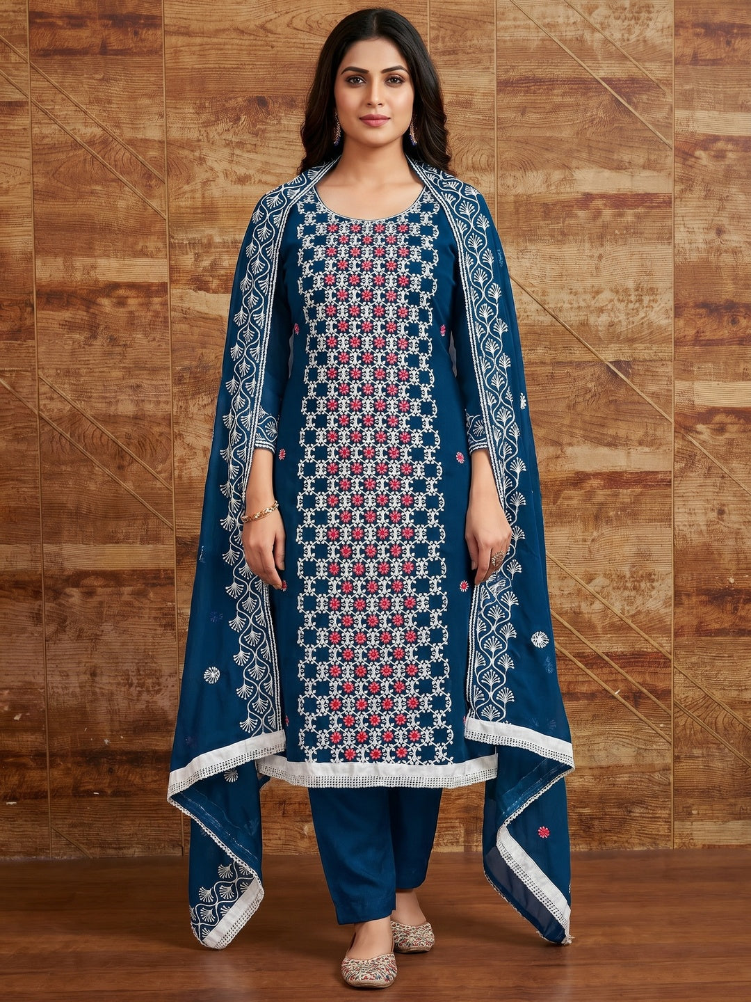 Blue Embroidered Georgette Dress Material - Image 1