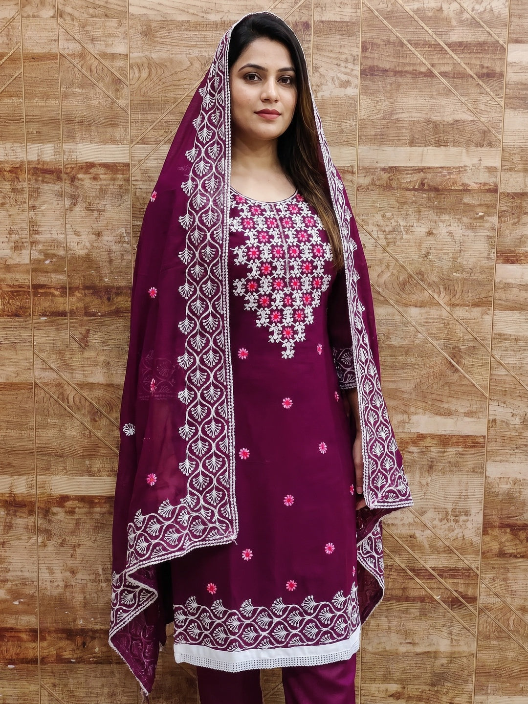 Wine Embroidered Georgette Dress Material - Image 1