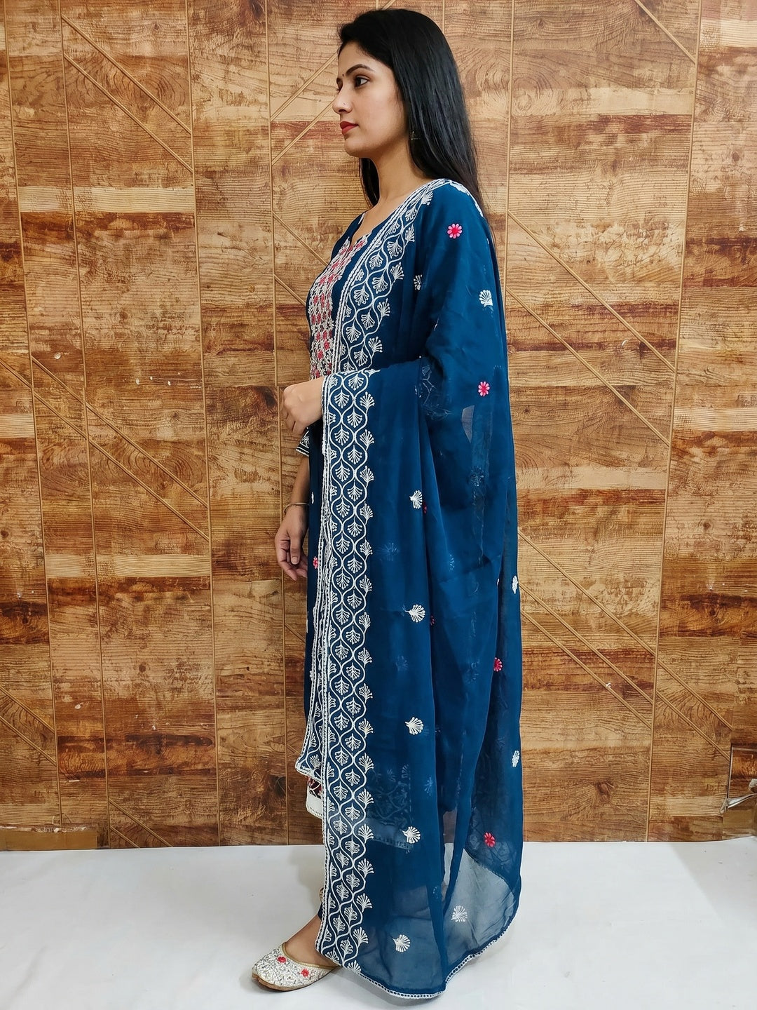 Blue Embroidered Georgette Dress Material - Image 3