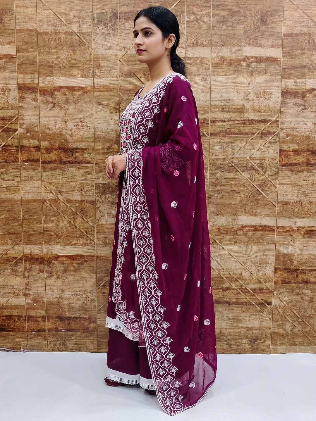 Wine Embroidered Georgette Dress Material - Image 2