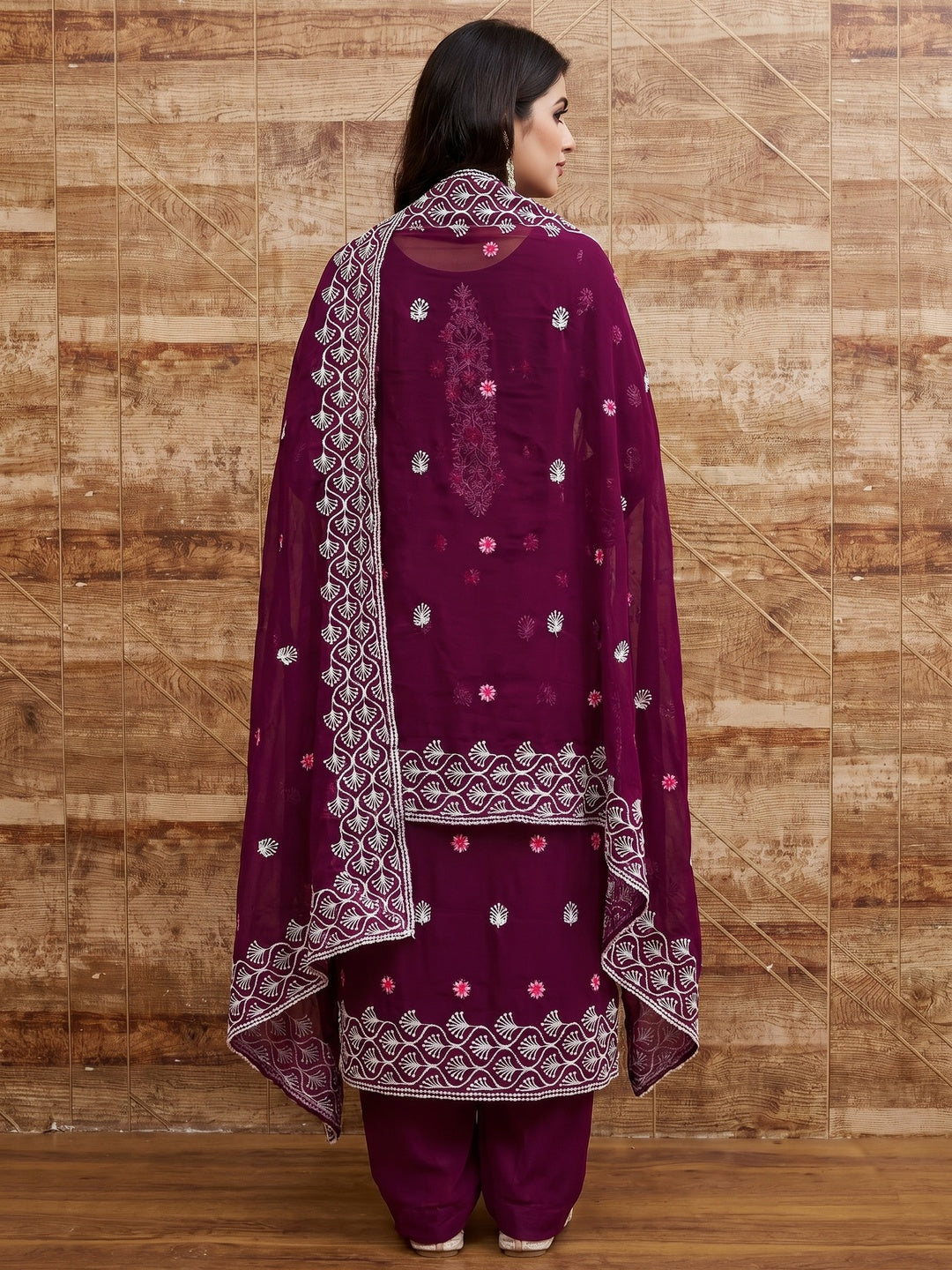 Wine Embroidered Georgette Dress Material - Image 3