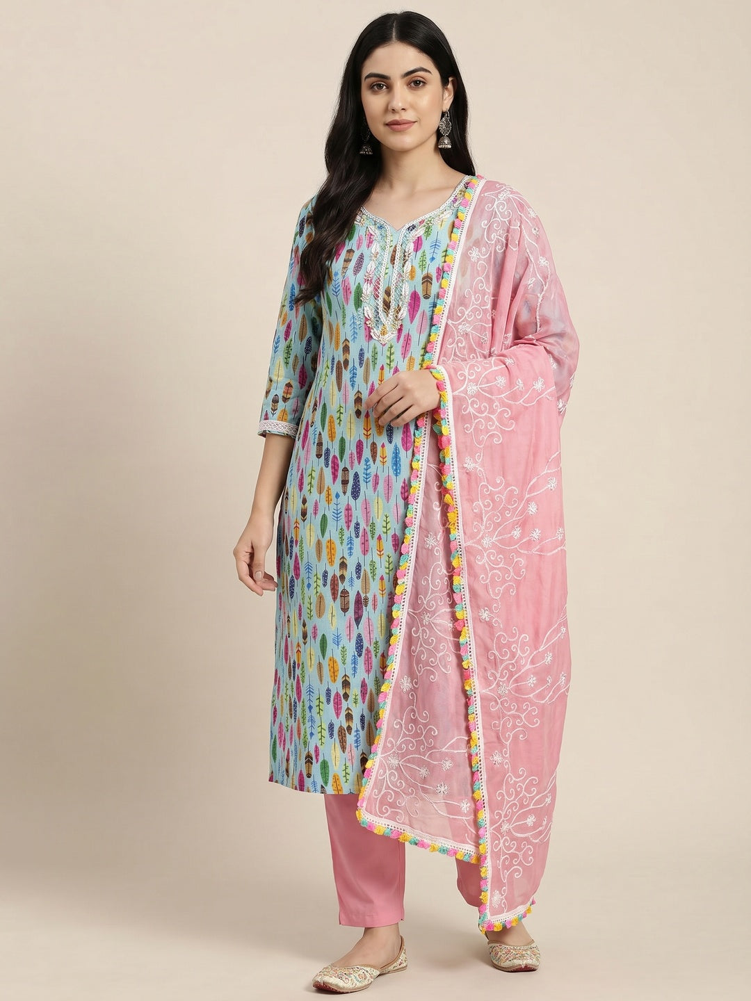 Blue Printed With Handwork Pure Cotton Dress Material - Image 1