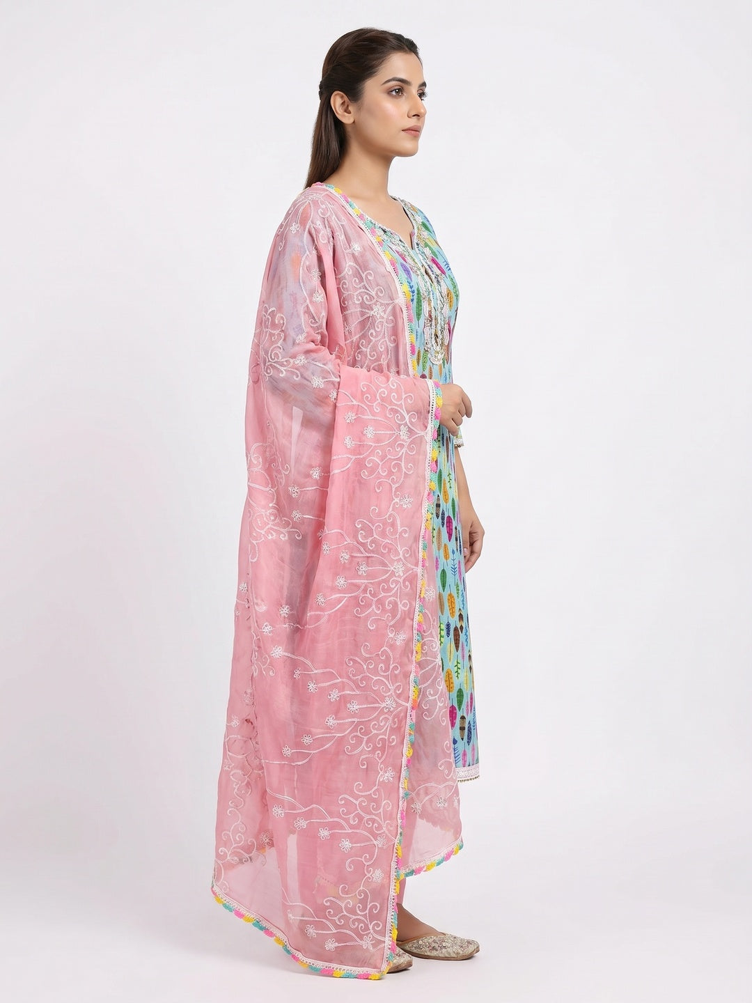 Blue Printed With Handwork Pure Cotton Dress Material - Image 2
