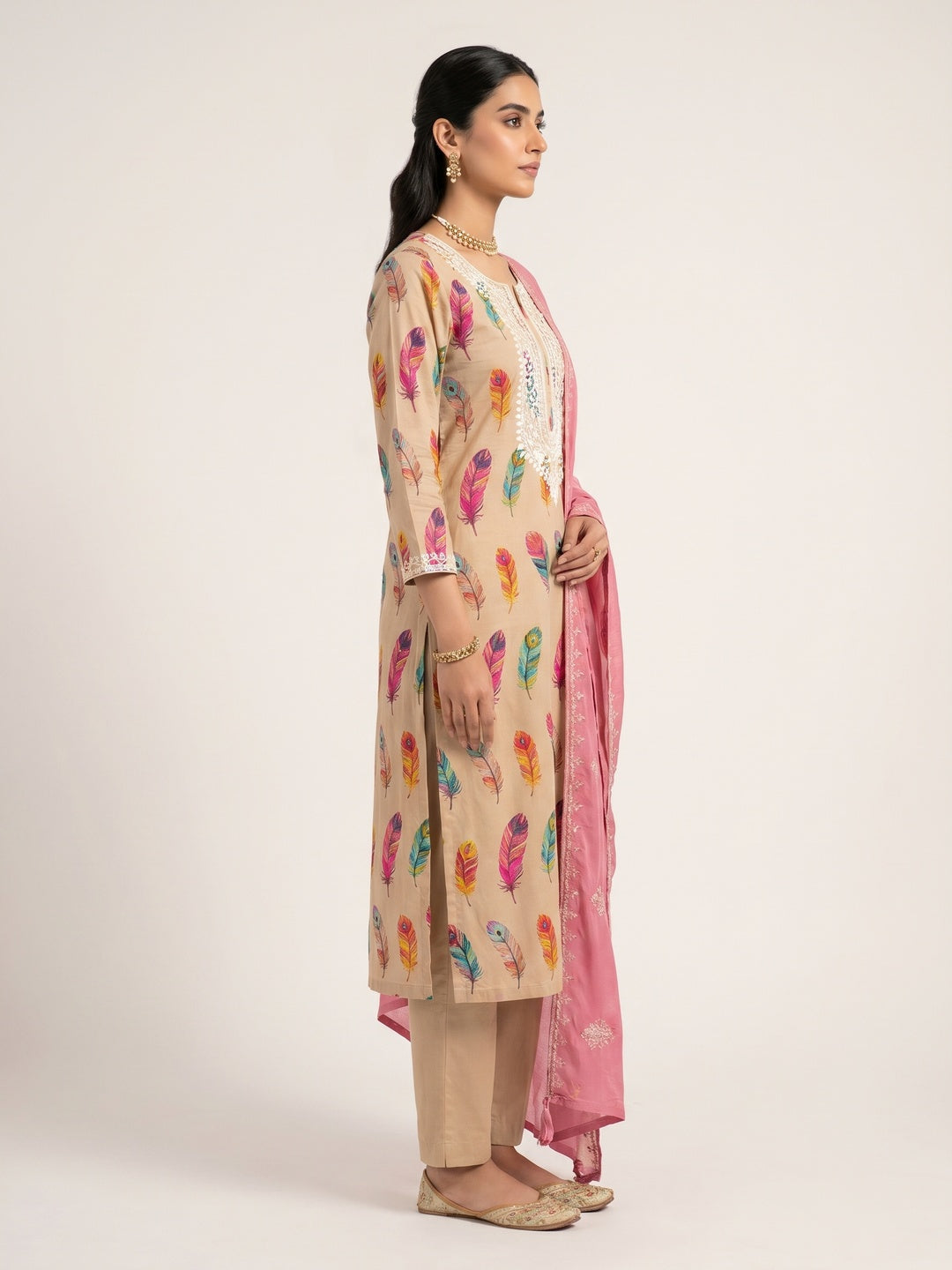 Chikoo Printed With Handwork Pure Cotton Dress Material - Image 3