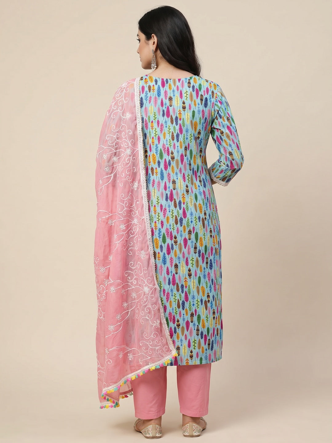 Blue Printed With Handwork Pure Cotton Dress Material - Image 3
