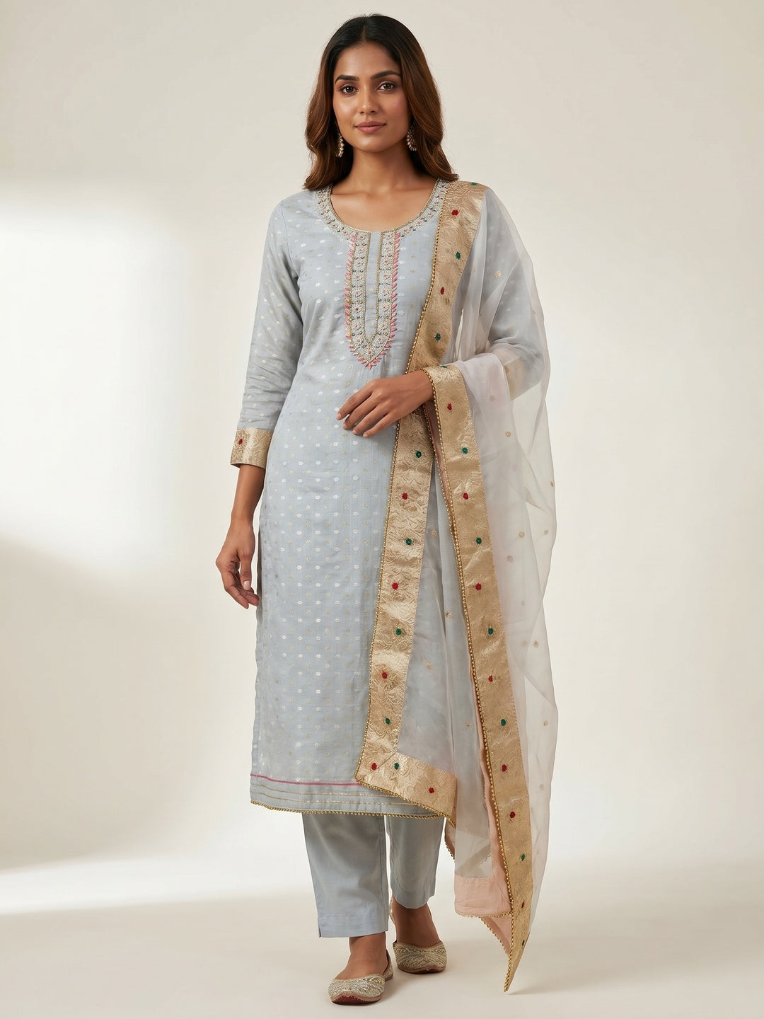 Grey Woven With Handwork Modal Dress Material - Image 1