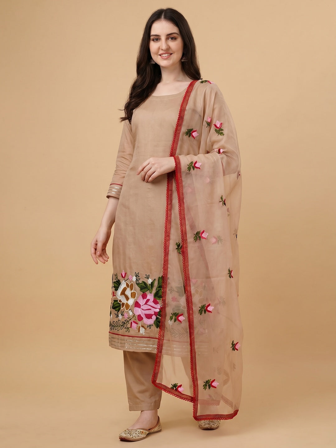 Beige Floral Embroidered Modal Dress Material - Image 1
