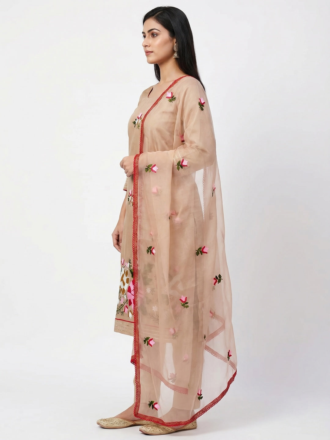 Beige Floral Embroidered Modal Dress Material - Image 3