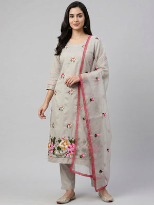 Light Grey Floral Embroidered Modal Dress Material - Image 1