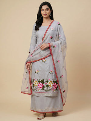 Grey Floral Embroidered Modal Dress Material - Image 1