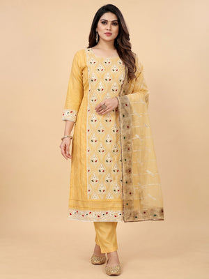 Yellow Floral Embroidered Modal Dress Material - Image 1