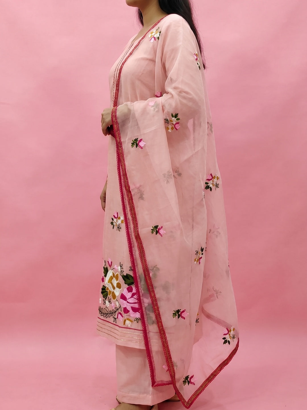 Peach Floral Embroidered Modal Dress Material - Image 3