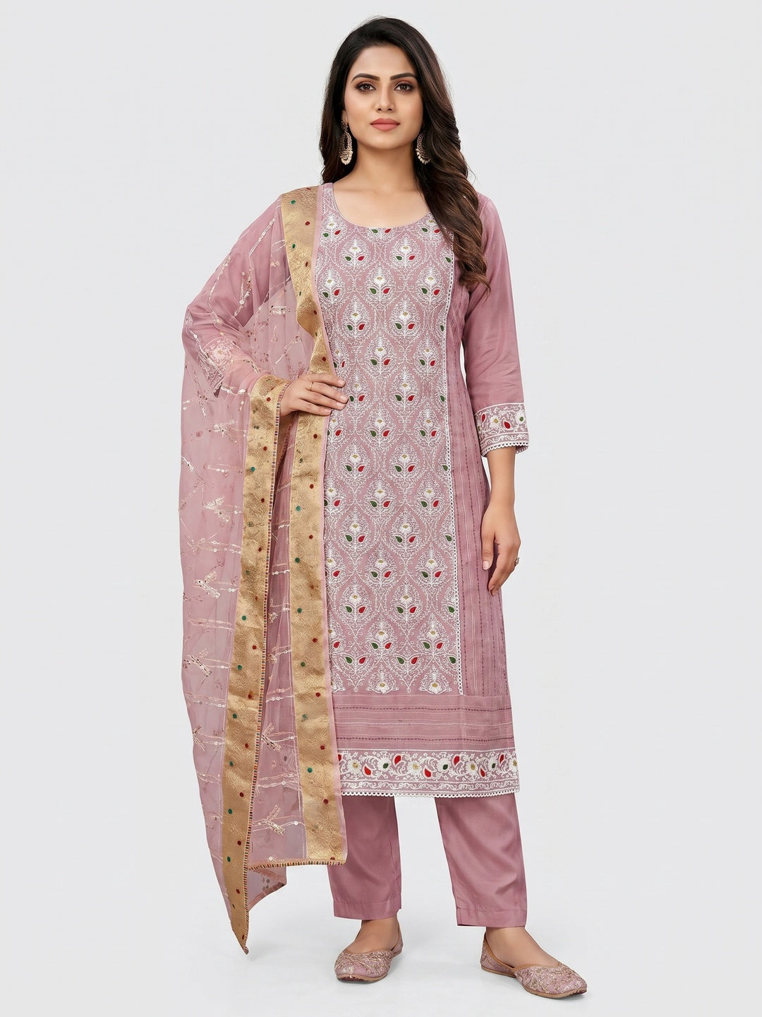 Mauve Floral Embroidered Modal Dress Material - Image 1