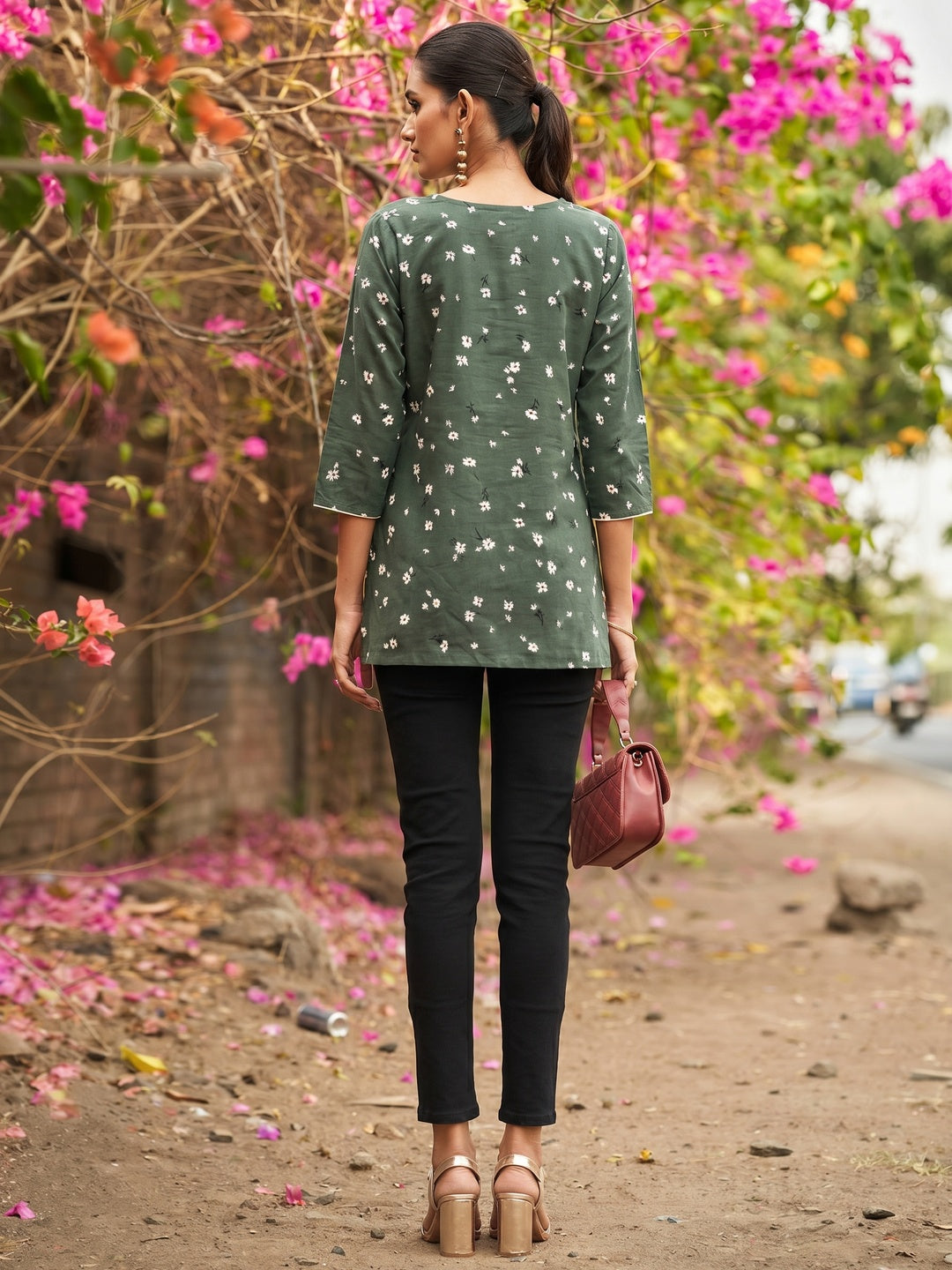 Green Floral Printed Cotton Blend Top - Image 1