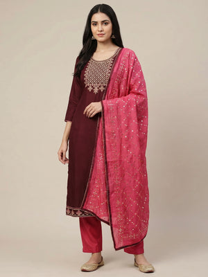 Maroon Floral Embroidered Modal Dress Material - Image 1