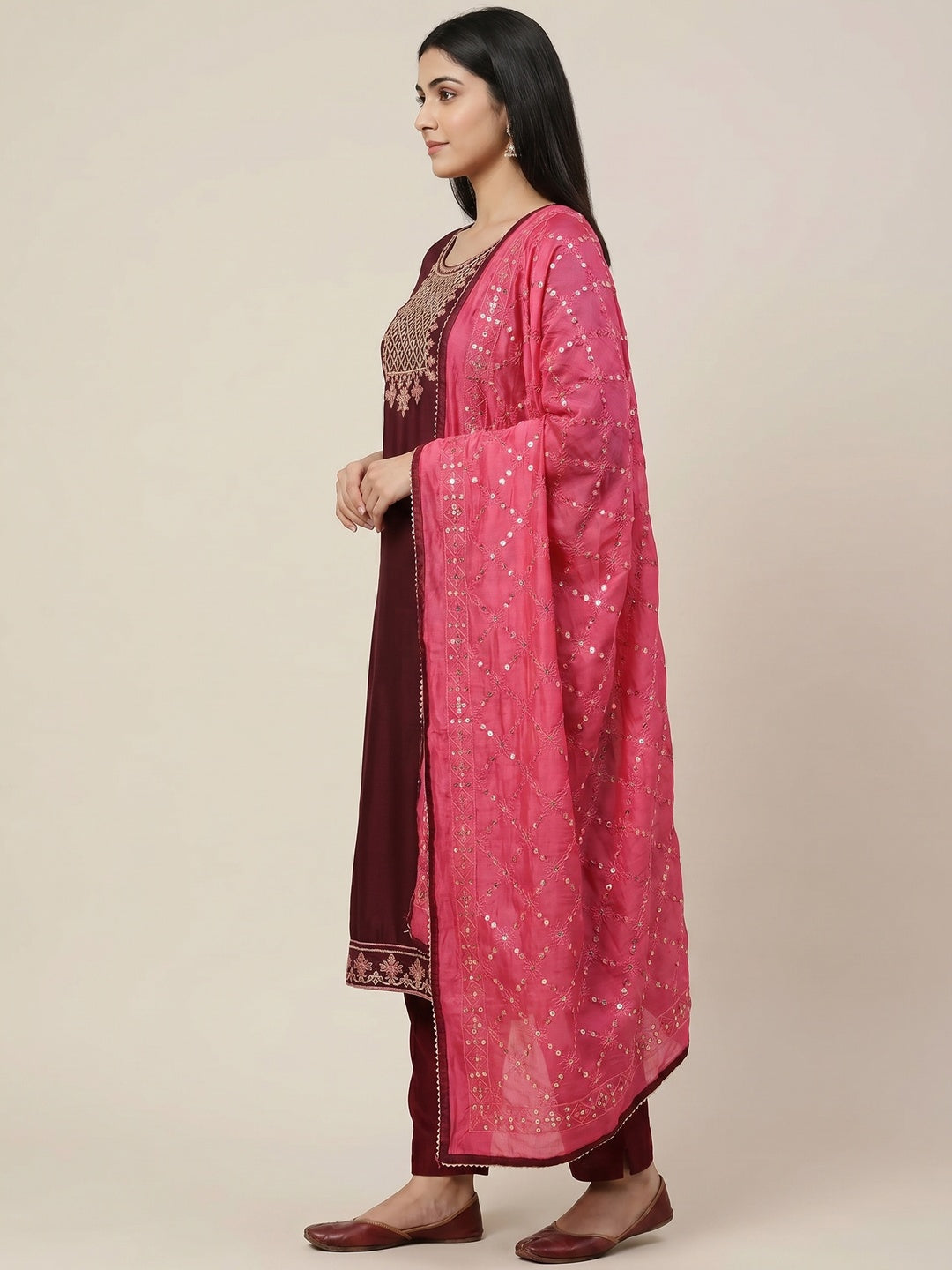 Maroon Floral Embroidered Modal Dress Material - Image 2