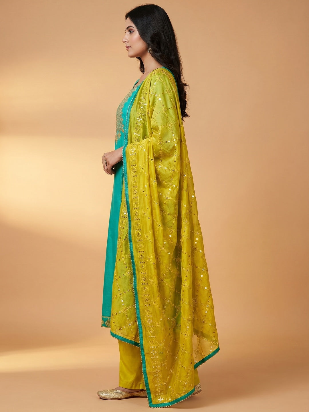 Turquoise Floral Embroidered Modal Dress Material - Image 2