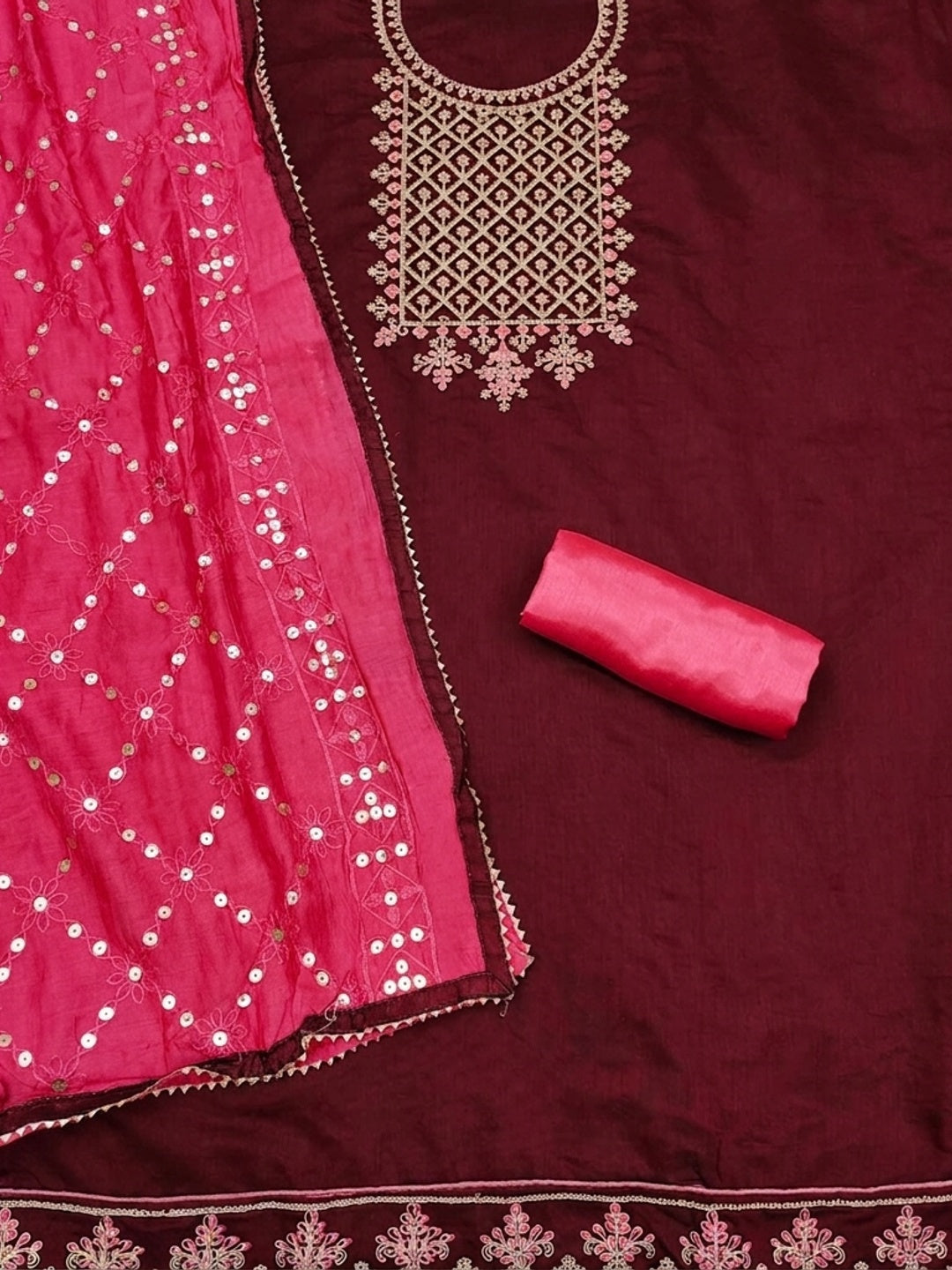 Maroon Floral Embroidered Modal Dress Material - Image 3