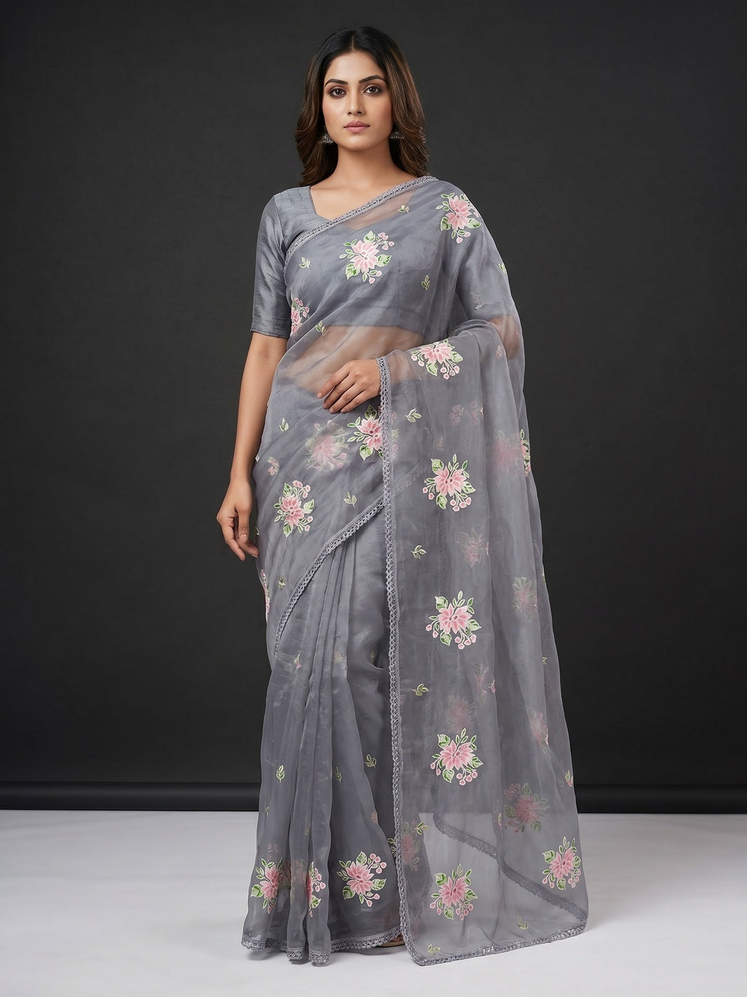 Grey Floral Embroidered Organza Saree - Image 1