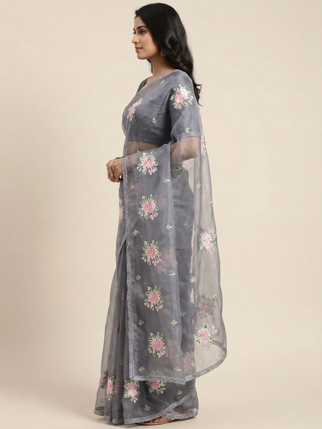 Grey Floral Embroidered Organza Saree - Image 3