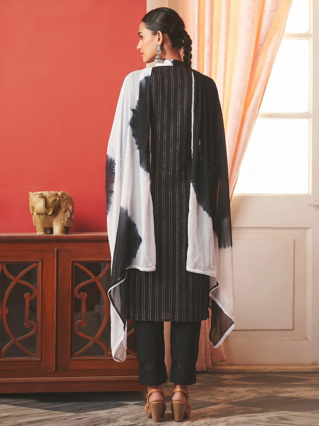 Black Striped Printed Pure Cotton Salwar Suit - Image 1