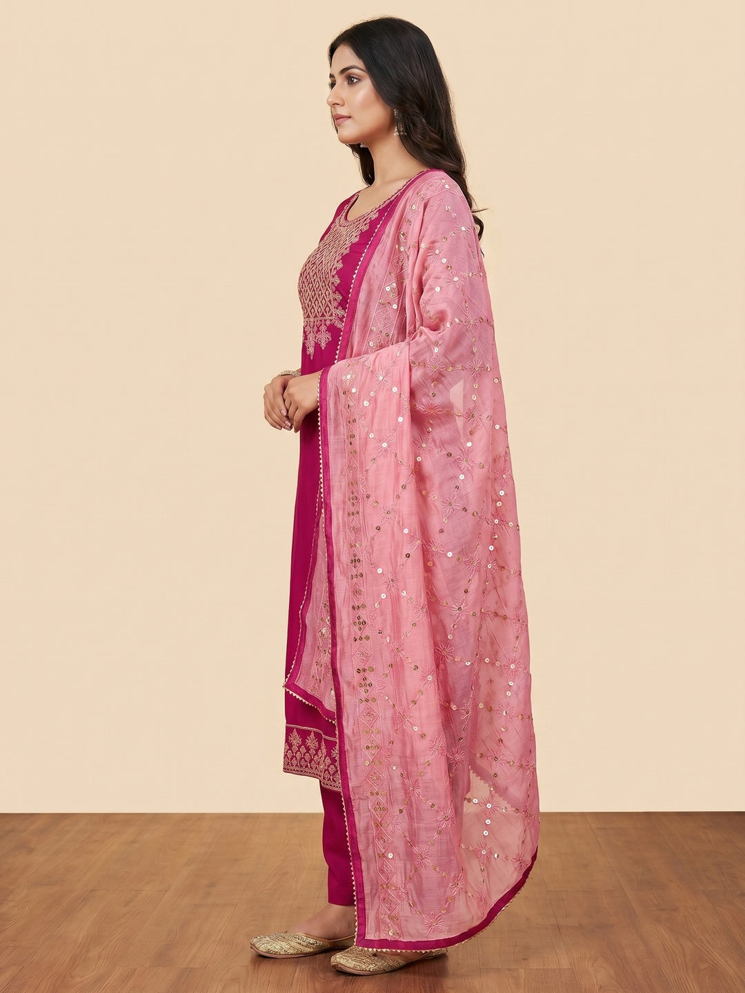 Pink Floral Embroidered Modal Dress Material - Image 3