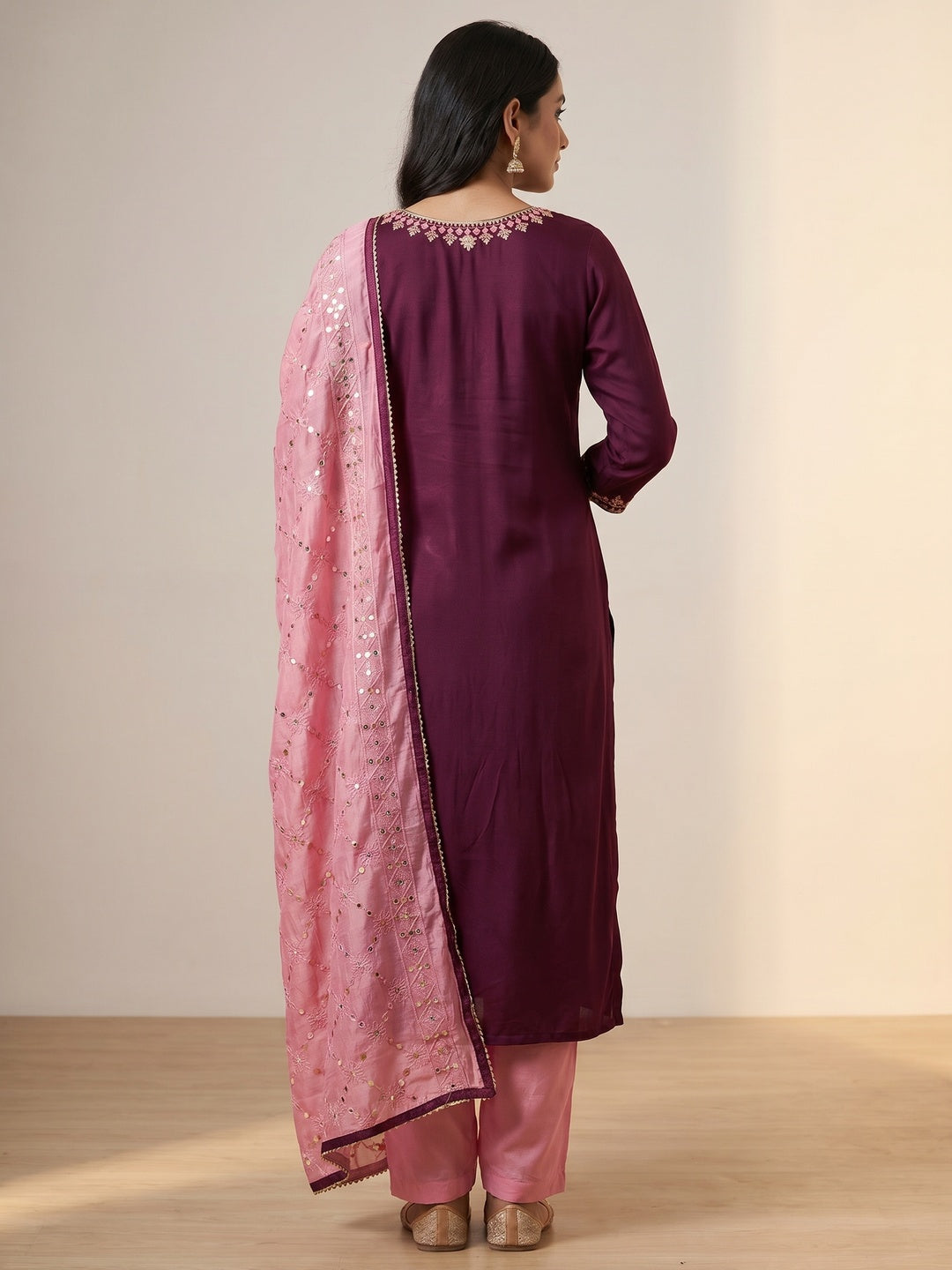 Wine Floral Embroidered Modal Dress Material - Image 2