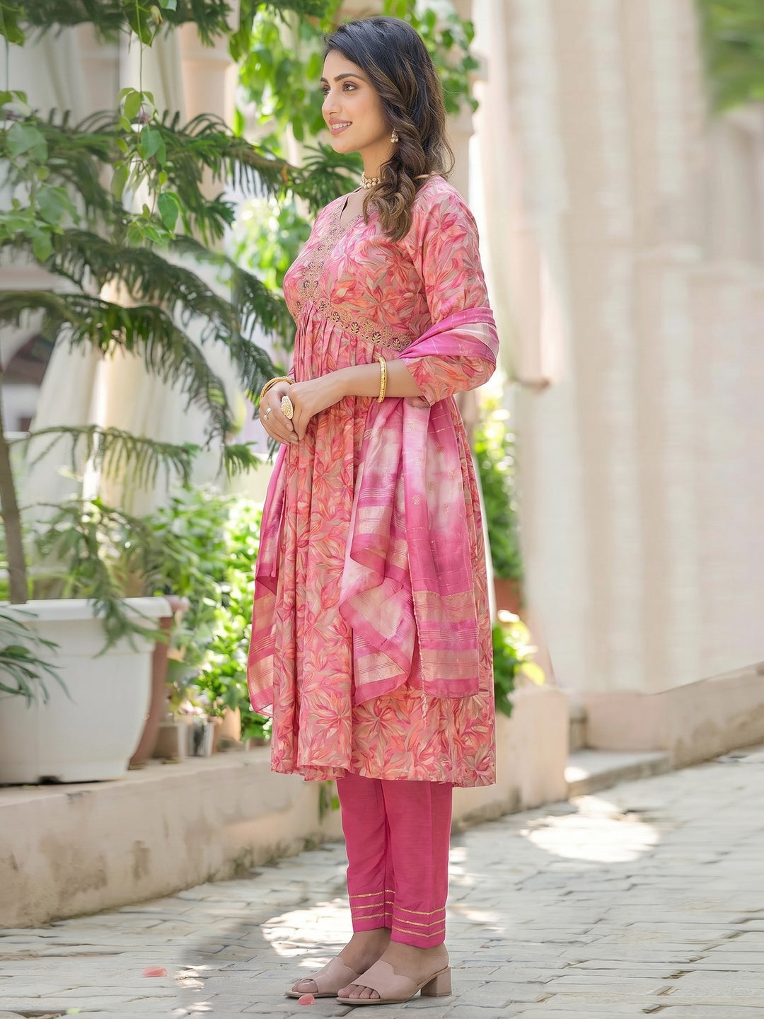 Pink Floral Printed Modal Anarkali Salwar Suit - Image 1