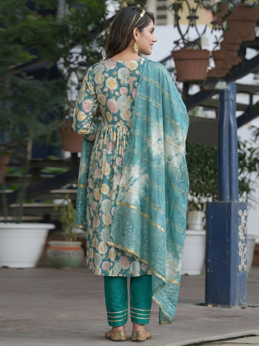 Rama Green Floral Printed Modal Anarkali Salwar Suit - Image 1